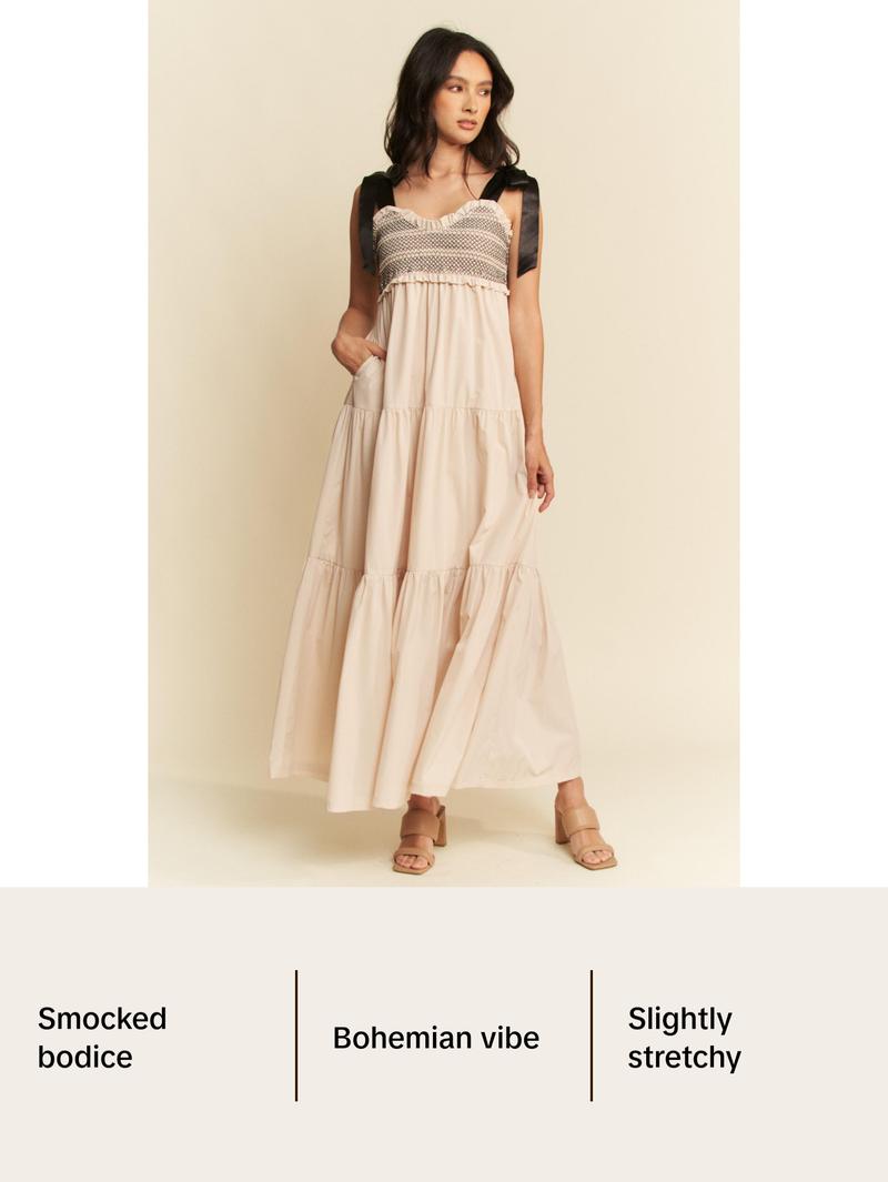 Davi & Dani Multi Contrast Smocked Bodice Straps Maxi Dress