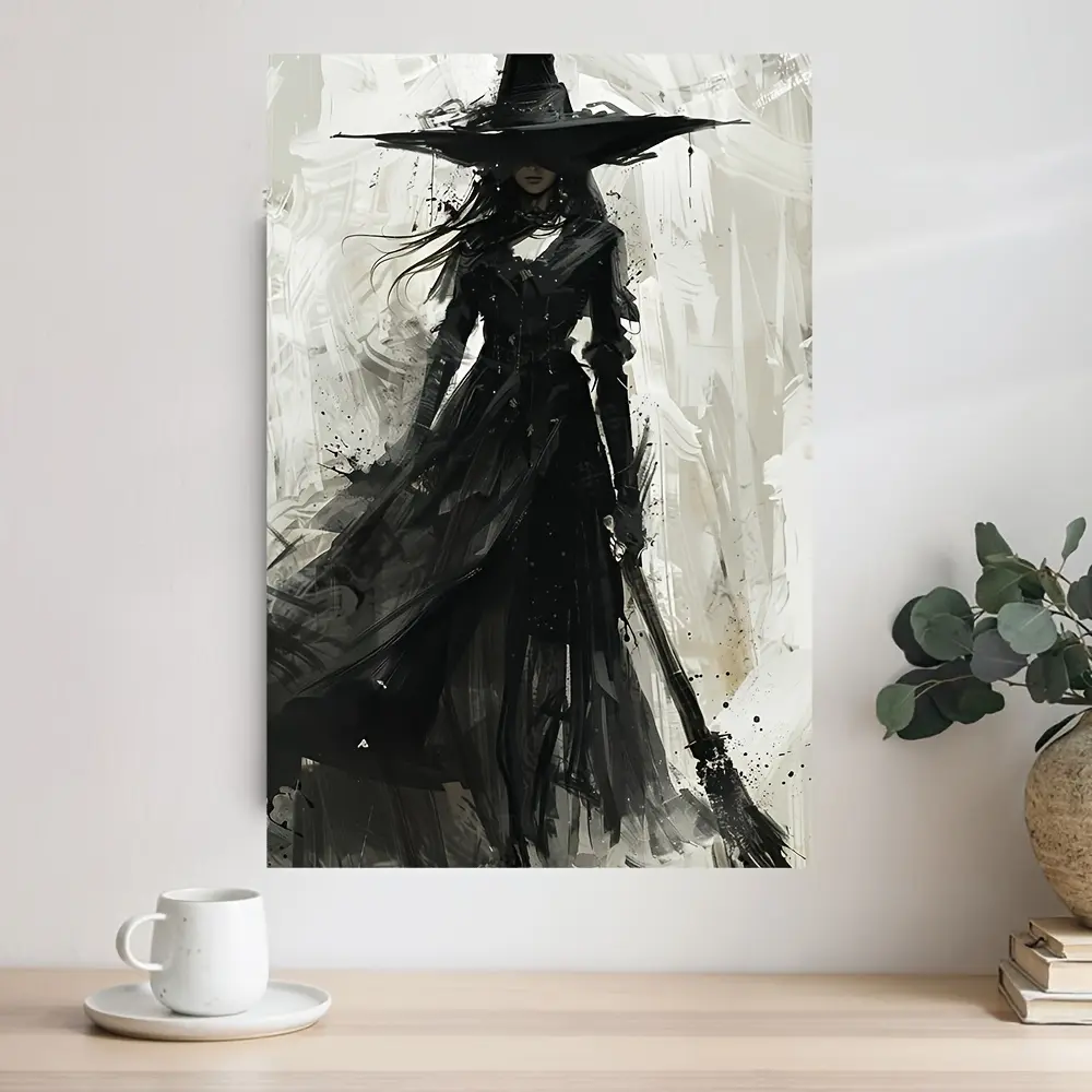 Elegant Witch Canvas Print Wall Art, Modern Abstract Oil Painting Style, Frameless Poster for Home, Cafe, Pub & Bar Decor, Halloween Theme, Gift Idea - 12x18 inches, 1pc rimless