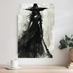 Elegant Witch Canvas Print Wall Art, Modern Abstract Oil Painting Style, Frameless Poster for Home, Cafe, Pub & Bar Decor, Halloween Theme, Gift Idea - 12x18 inches, 1pc rimless
