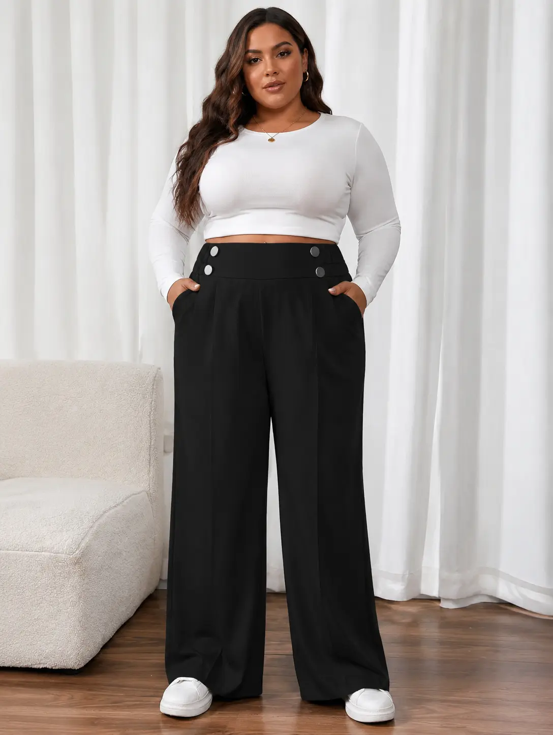 Elengatine Women's Soft High-Waist Wide-Leg Pants - Double-Button, Front Pleated, Side Elastic Waist, Pockets, Ultra Loose, Breathable Fabric, for Crop Top Pairing & Work (Black), Baggy
