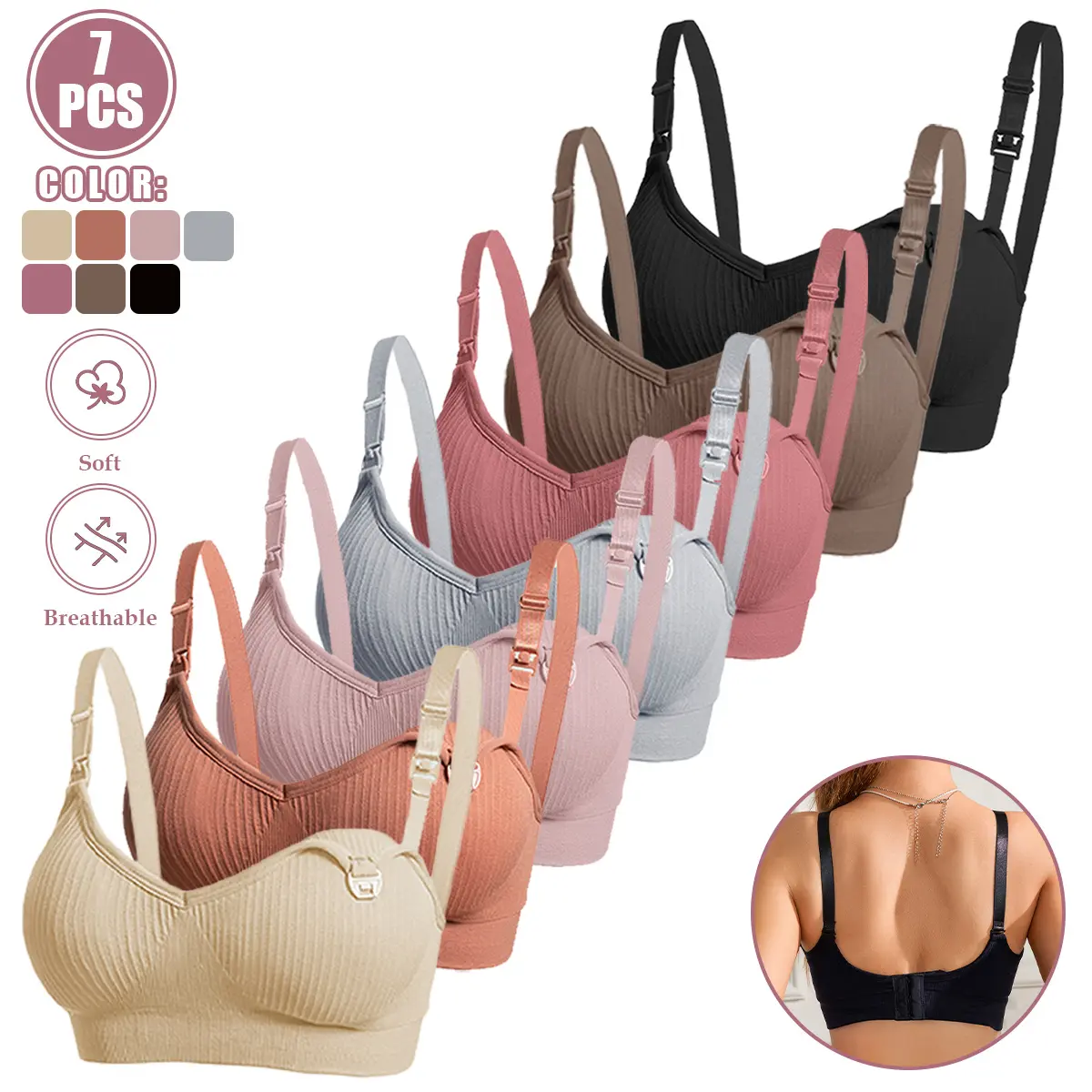 Women's 7-Pcs All-Seasons Maternity Nursing Bras & Undies Set - Front Buckle, No Underwire, Breathable, Adjustable Straps, Straight Back Panel, Supportive, s