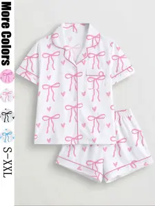 Women's Bowknot Printed Sleepwear Set, Comfortable Lapel Button Short Sleeve Top & Loose Elastic Shorts, Casual Home Wear, Pajama Set