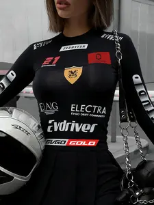 Women's American Street Style Punk, Racing Suit Print, Active Sportswear, Slim Fit, Soft Stretchy Fabric, Unrestrained Wear, Tiktok Trend