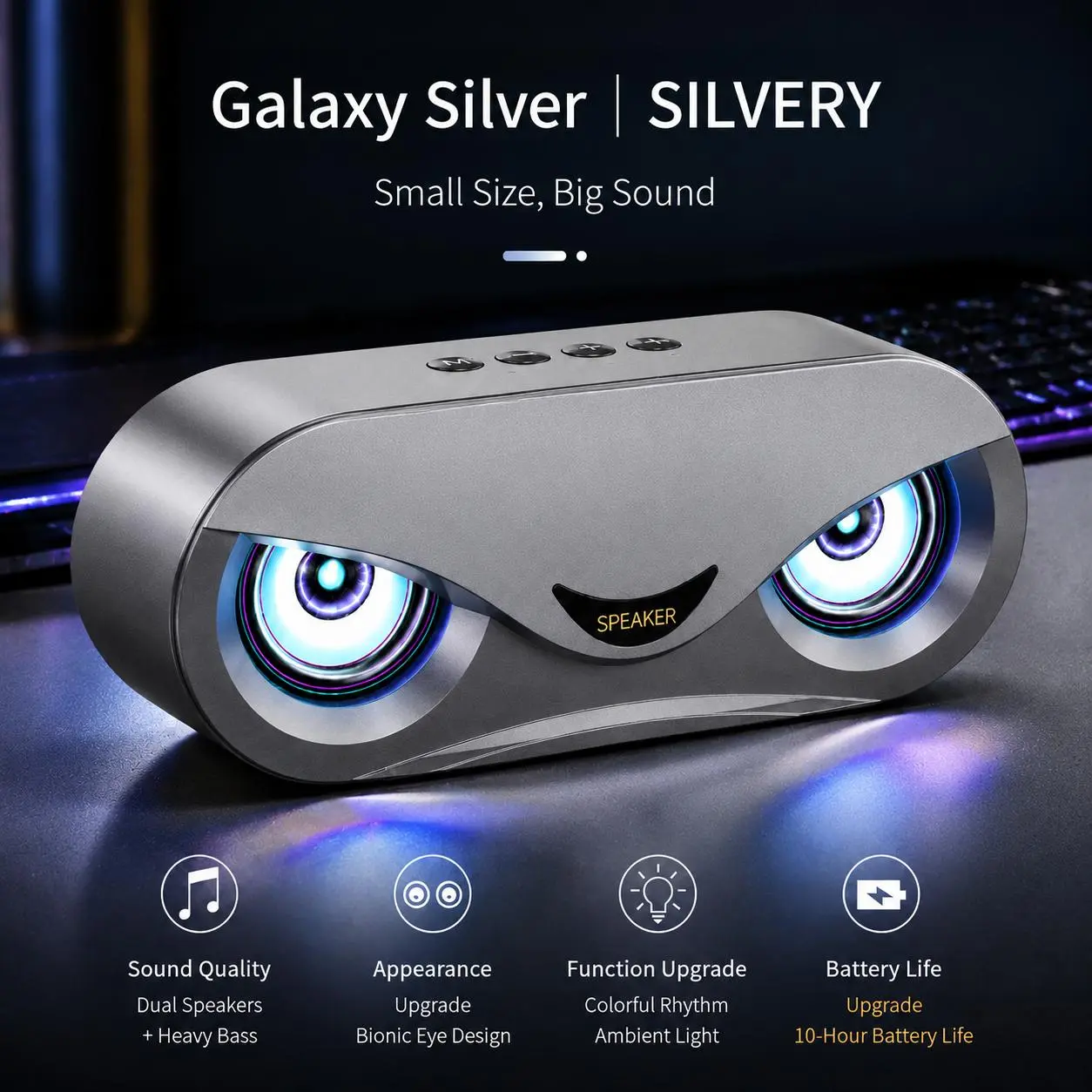 Bionic Eye Portable Bluetooth Speaker, Dual Drivers Heavy Bass Wireless Speaker with RGB Rhythm Ambient Light, 10‑H Playtime Desktop Stereo Speaker for Gaming Home Party