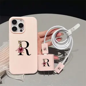 Initials Letter R Flower Pattern Phone Case with Charger Saver & Cable Protector & Storage Bag, Anti-drop Cellphone Protective Case for iPhone, Casing, Cover