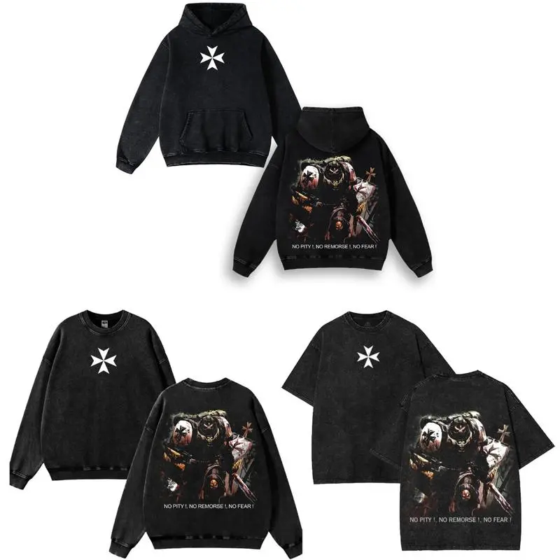 Black Templars "No Pity, No Remorse, No Fear" Tee, T-Shirt, Hoodies, Sweatshirt Warhammer 40k Oversized Washed Vintage Shirt – Double-Sided Sci-Fi Graphic Casual Cotton Fabric