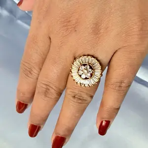 Women's Elegant Gold-Tone Metal Coating Adjustable Finger Ring with Sparkling Center Stone