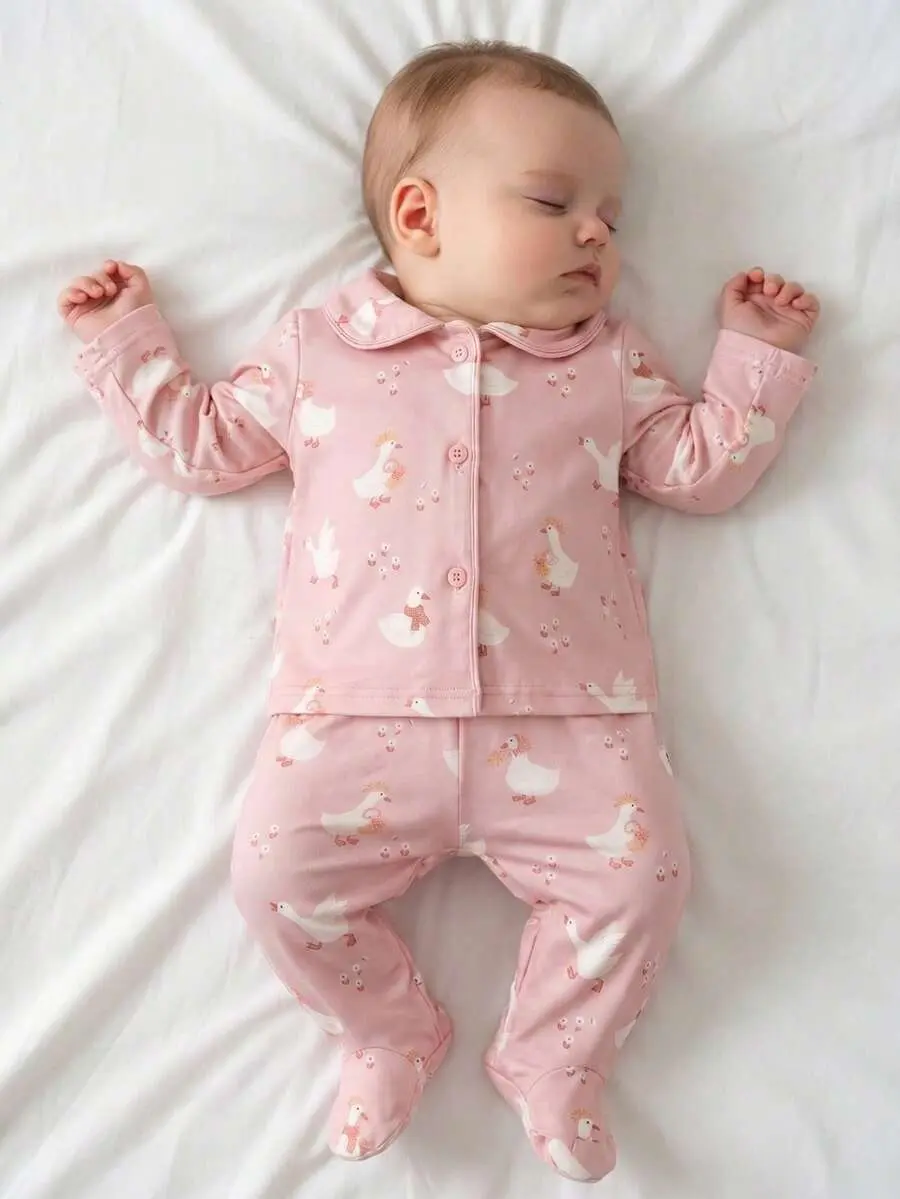ROSY x 2pcs/Set Autumn/Winter/All Season Newborn Home Wear Cute Cartoon Goodnight Cloud & Star Print Lapel Long Sleeve Long Pants Footed Pajamas Set