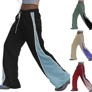 WoodBerry Women’s Retro Stripe Color Block Wide Leg Pants Y2K Parachute Pants Elastic Waist Drawstring Sweatpants Fashion Baggy Trousers Everyday Streetwear