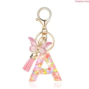 Pink Sequin Resin Letter Keychain, 26 alphabet charms with butterfly tassel design, sparkling stylish accessory, exquisite bag pendant, popular cute ornament, perfect gift for girlfriend and best friends