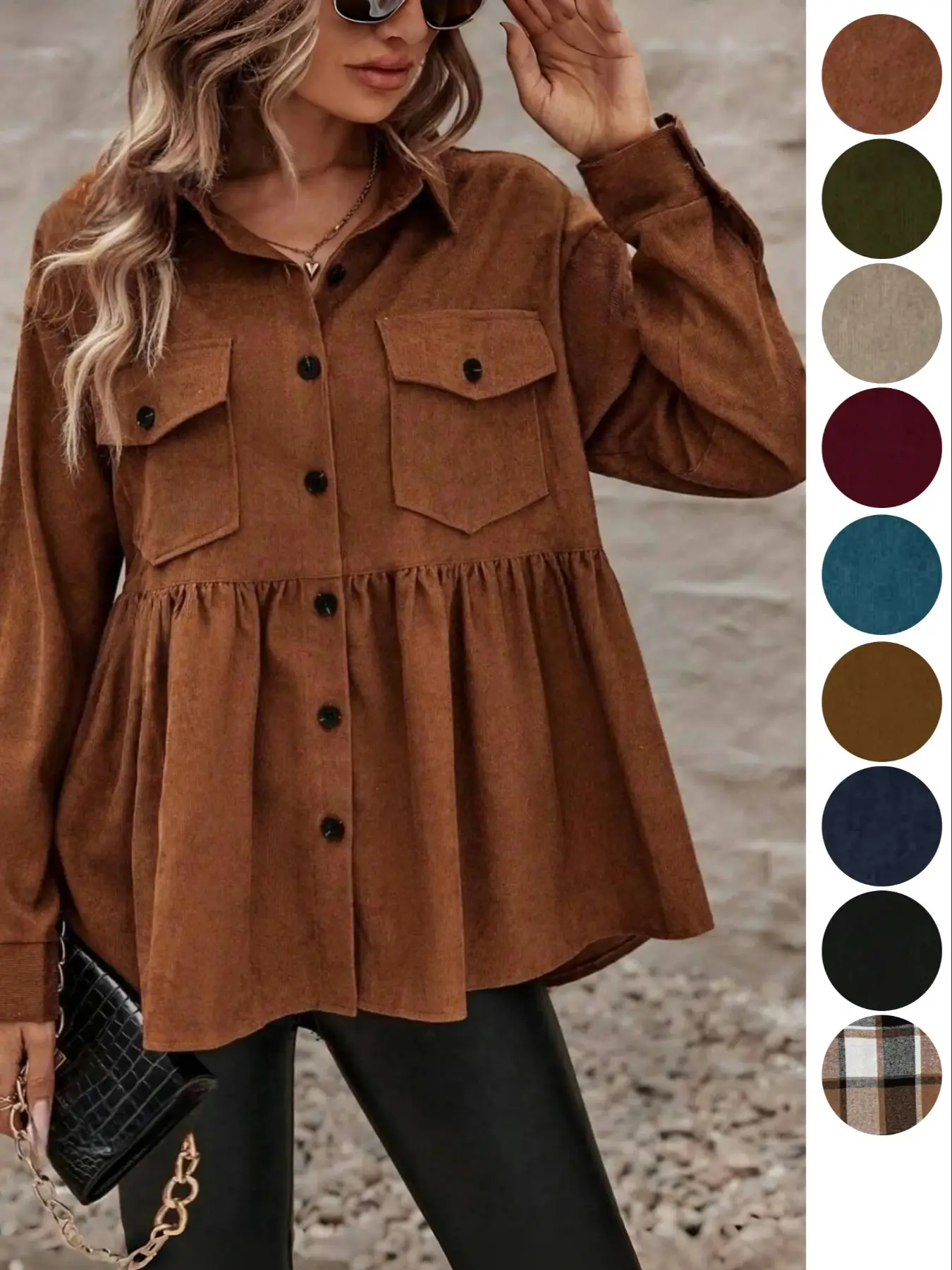 【Plus Size】Flap Pocket Ruffle Hem Button Front Shirt, Casual Long Sleeve Collared Peplum Top for Fall & Winter, Women's Clothes for Daily Wear