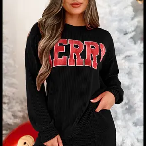 Women's Black Green Corded Merry Long Sleeve Top and Shorts Pajama Set - Loungewear Nightwear 2piece pajamas pajama set