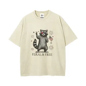 Vintage Acid Wash Oversized T-Shirt "Feral & Free" Patriotic Raccoon Graphic Tee, 100% Cotton Heavyweight Streetwear Top, Retro 4th of July Distressed Short Sleeve for Women