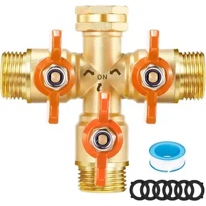 3 Way Hose Splitter, High Flow 3 Way Brass Hose Splitters with Metal Handle, Heavy Duty Garden Tap Splitter with Shutoff Valve, 3/4'' GHT Thread Triple Hose Splitter, Three Way Water Spigot Splitter