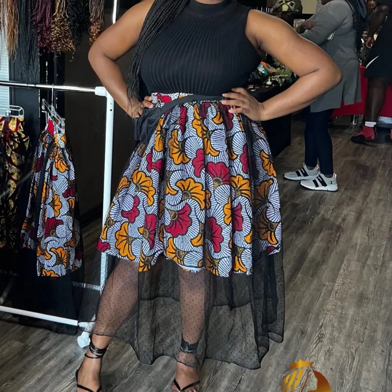 Handmade African Print Ankara Skirt in Sizes S-XL Ready to Ship with Vibrant Floral Design and Gray Overlay