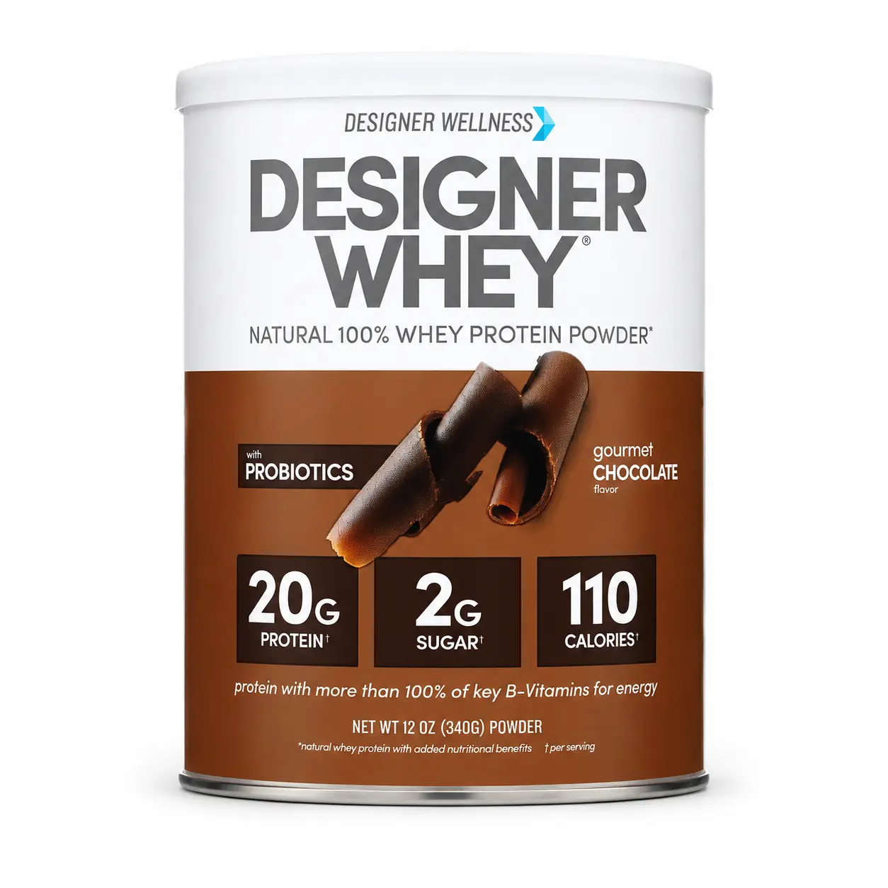 Designer Whey Protein Powder - Gourmet Chocolate Flavor, Natural, 100% Premium Whey Protein Concentrate, Low Sugar, 12 oz Single Canister, 100 Calories per Serving, for Adults (Pack of 1), High Protein, Minerals