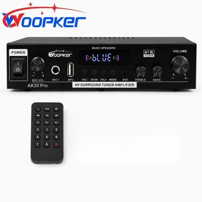 Woopker AK35 Pro Bluetooth Amplifier, HiFi 2.0 Channel Stereo Home Audio Amp with Digital Reverb, Compatible with a Pair of 300W Speakers, FM Radio, USB MP3, AUX, Bass & Treble Controls for Karaoke & Home Theater