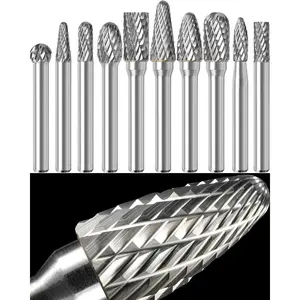 10Pcs Carbide Burr Set 1/4 Shank w/Clear Box Max Head Dia 10mm Die Grinder Bits Rotary Tools Attachment Kit Rasp Accessories Metal Wood Stone Steel Grinding Deburring Cutting Porting Carving