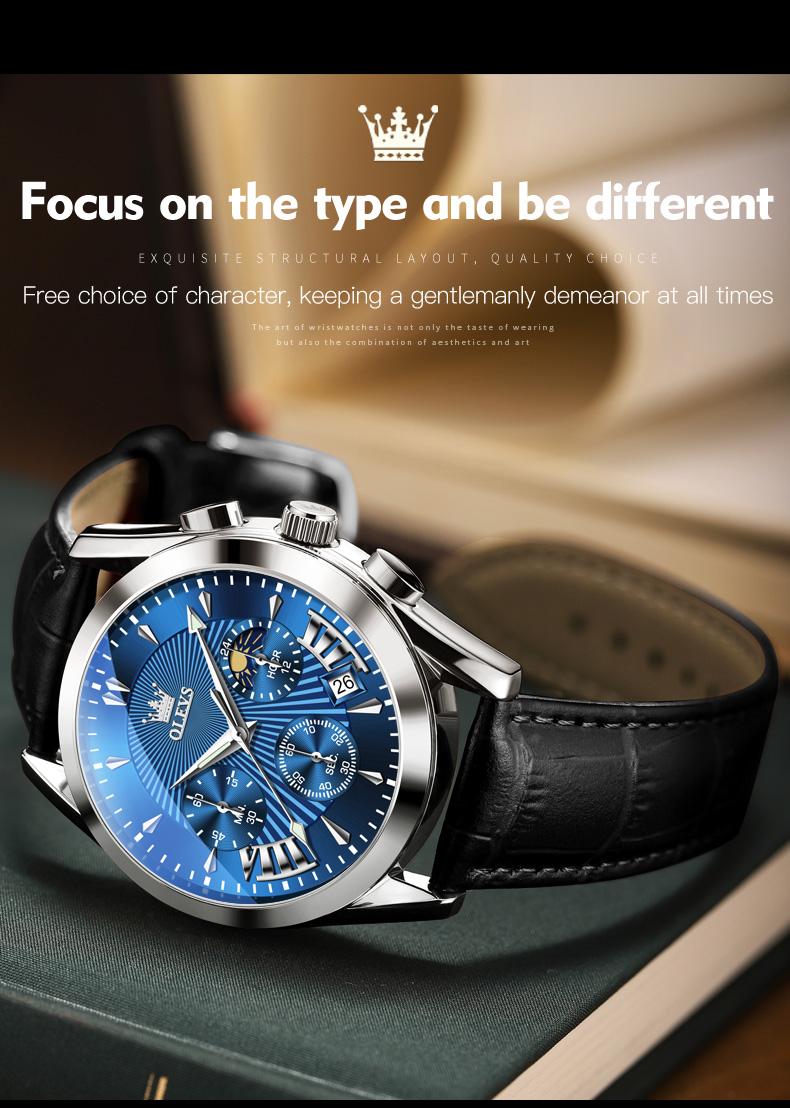 OLEVS Men’s Chronograph Watch Leather Strap Waterproof Quartz Wristwatch with Date Moon Phase Luminous Hands Business Casual Gift for Men 2876