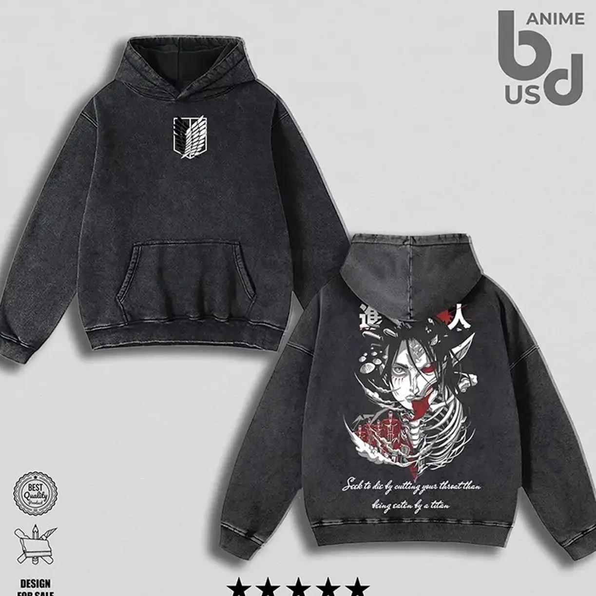 Eren Jaeger Attack on Titan Hoodie Wash – Double Printed Cool Style, Oversize Unisex Cotton, Retro 90s Graphic Tee, Streetwear, Menswear, Gift For Anime Fan GZN S4P