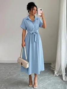 Summer Short Sleeve Lapel Casual Loose Pure Color Tie Shirt Pleated Mid-Length Dress, Women's Fashion Clothing