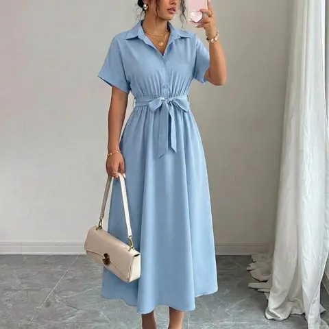 Women's Short-Sleeve Lapel Shirt Dress, Casual Loose Pleated Dress with Tie Waist, Mid-Length, Solid Color Summer Dress, Fashion Clothing, Belt Dress