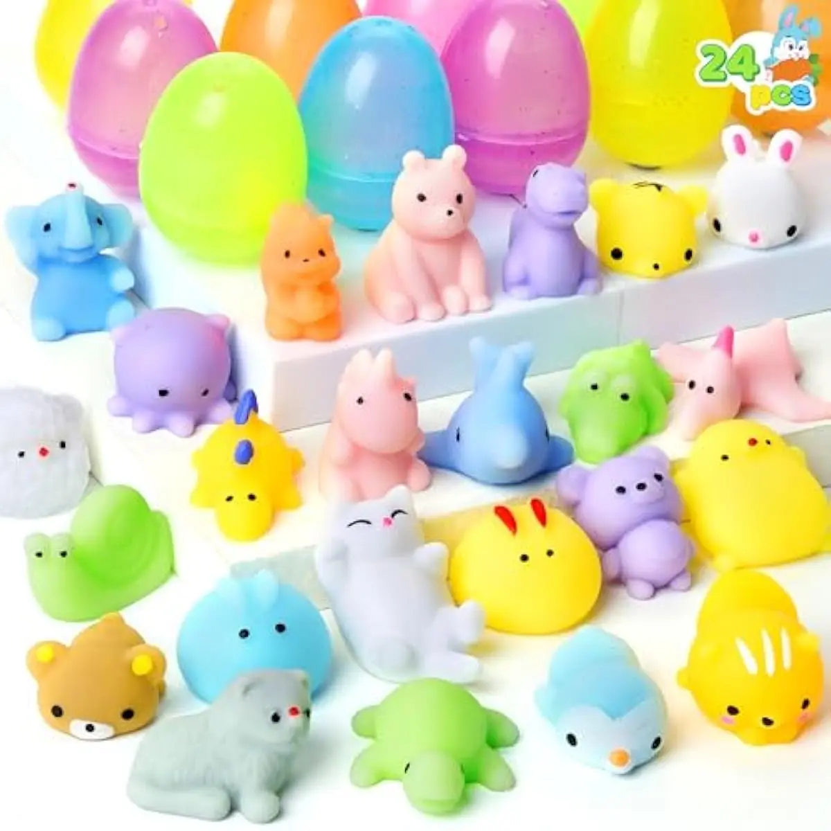 24 Pcs Easter Prefilled Eggs with Mochi Squishy Toys, Animal Stress Reliever Squishy Toy for Glitter Transparent Easter Eggs Filler, Kids Party Favor, Basket Stuffers, Classroom Prize Supplies