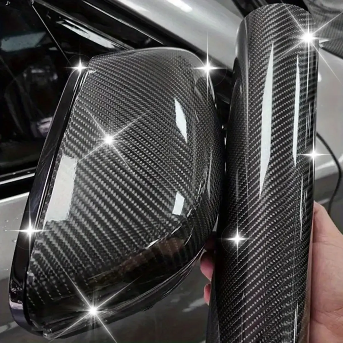 Black Carbon Fiber Vinyl Wrap Roll 11.8x60 Inches, Glossy Car Wrapping Film, Bubble-Free Air Release Technology, DIY Auto Interior Exterior Decoration