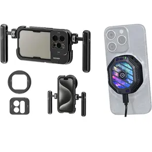 NEEWER 15 Pro Max Phone Cage Video Rig with Dual Handles, Phone Cooler Magnetic Wireless Charger, Compatible with iPhone 15 Pro Max, Metal 67mm Filter Adapter, 17mm Lens Backplane, PA024K + PA060