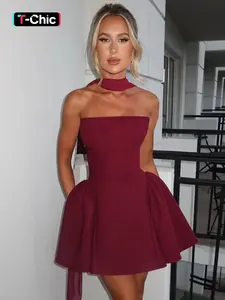 Women's Plain Dress with Neck Streamer, Solid Color Sleeveless Short Dress for Party Club Dating Wear, Ladies Summer Clothes, Nara Red Dress, Elegant Fashion Chic