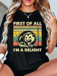 Women's Cartoon Opossum & Letter Print Round Neck Tee, Fashion Casual Crew Neck crew neck  T-shirt for Daily Holiday Vacation Outdoor Wear, Ladies Clothes for Summer Cotton Top,Black-Hoodie-front Black-Sweatshirt-front