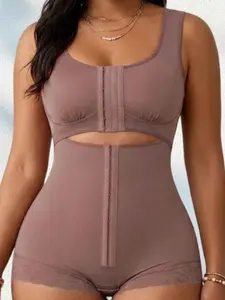 1 Count Women's Front Hook And Eye Closure Bodysuit, Fajas, Colombian Shapewear, Body Shaping Underwear, Waist Cutout For Flattering Silhouette Tummy Control And Butt Lifting Effect Jumpsuit, Floral Lace Trim At Leg Opening, Suitable For Parties, Club
