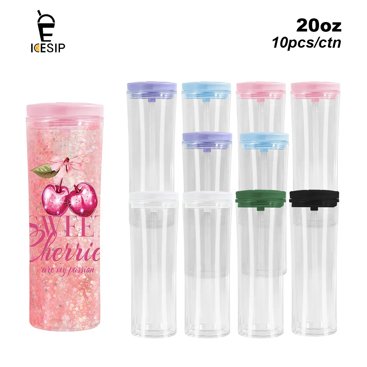 Icesip 10pcs Plastic Water Bottle Drinking Tumbler Set, 20oz 500-1000ml Double-Wall ABS Cylindrical Cups with Pre-Drilled Holes, Flip Lids with Flip Straw Access, Glitter Drink DIY Capability, Reusable Portable Boxed Party Gifts (Home & Festive Supplies)