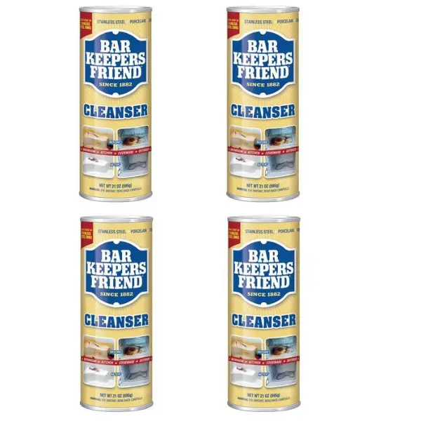 Bar Keepers Friend 21 oz. All-Purpose and Polish (4-Pack), Non-Abrasive Powder Cleaner for Stainless Steel Sinks & Cookware, Ceramic Glass Cooktops, Bathtubs, Countertops, Removes Rust, Hard Water Stains, Lime Scale, Tarnish, Bleach-Free, Antibacterial.