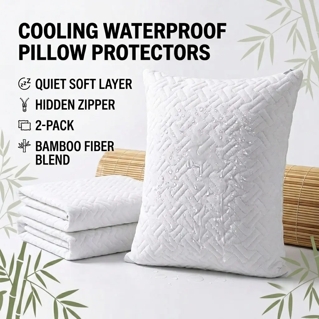 CloudReston Cooling Waterproof Pillow Protectors 2 Pack, Bamboo-Feel Breathable Pillow Covers with Hidden Zipper, Quiet Soft Layer, Twin Queen King