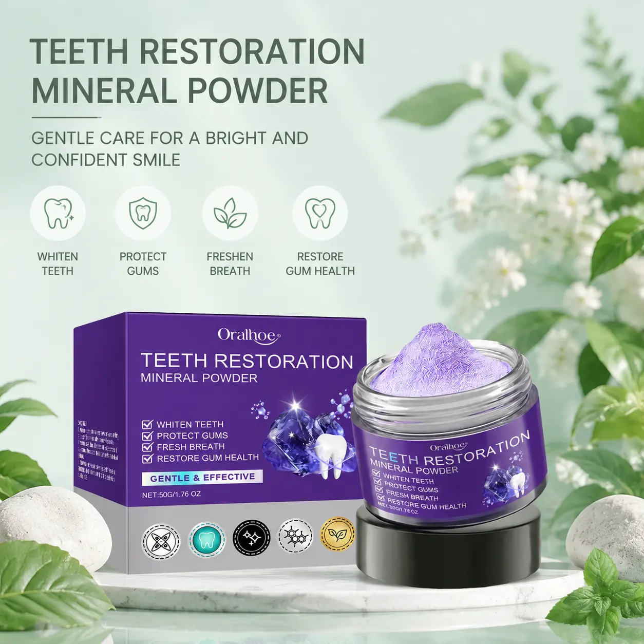 Purple Peroxide-Free Teeth Whitening Powder (50g) - Color-Correcting Oral Care Formula with Hydroxyapatite, Xylitol, Mint for Stain Removal, Instant Smile Brightening