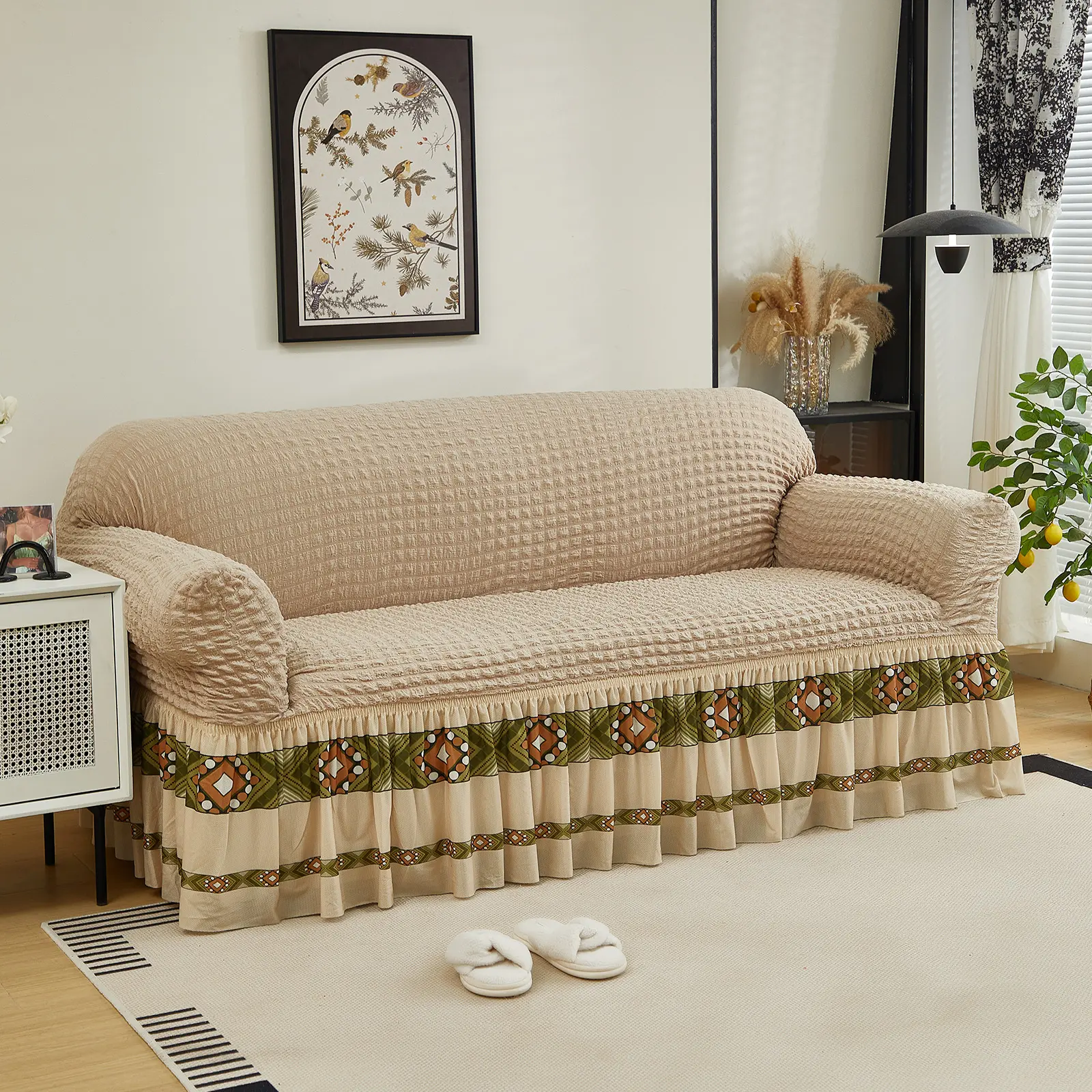 BEKRVIO-Eco-Friendly Plush Sofa Slipcover,Thickened Jacquard with Hemline, Elastic Fit 1-4 Seater Sofas, Cationic Knitted Fabric, Wrap-Around Design, Non-Slip Quilted Cotton Velvet Cover