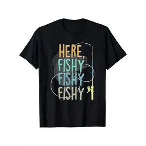 Here Fishy Fisherman Fishing Rod Fish Fishing IRON-ON Printed T-Shirt For Boy Girl, Soft Fabric, Breathable Short Sleeve Tees
