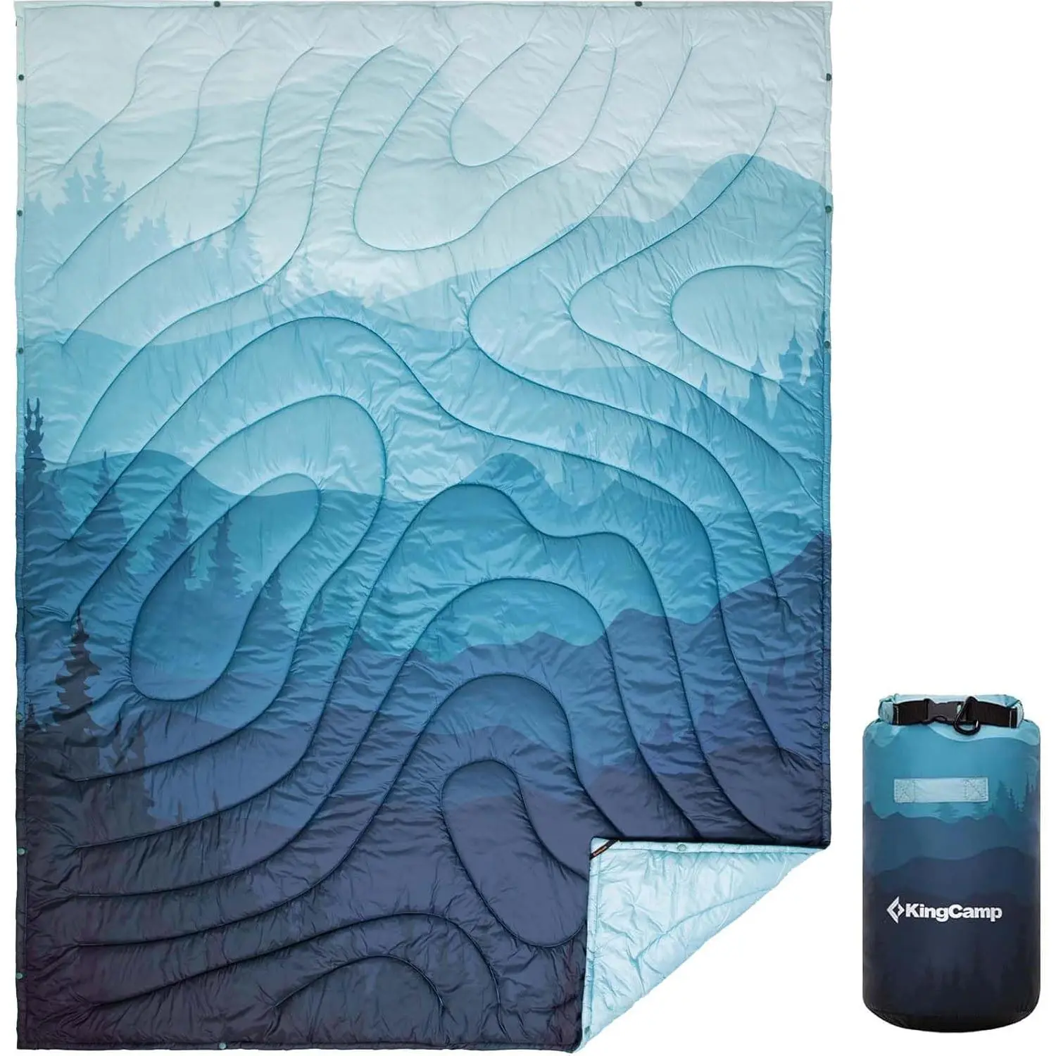 KingCamp Ultralight Packable Printed Wearable Blanket - Thermal, Weatherproof Quilt, Large Size, Compact Roll-Up, Non-Inflatable, Snap Buttons, Corner Loops, Travel Accessories (78.7in L x 57.1in W, Cyan), Printed Pattern, Portable, Single-Person Blankets