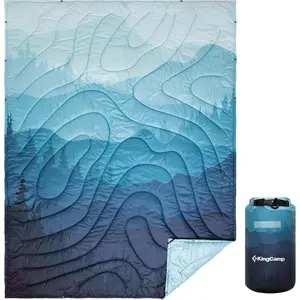 KingCamp Ultralight Camping Blanket, Packable Down Alternative Puffy Printed Wearable Blanket with Snap Buttons & Corner Loops Weatherproof Quilt for Outdoor Travel Stadium (78.7"L x 57.1"W, CYAN)