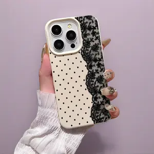 Fashion New Design Black Polka Dot And Right Lace Pattern Fashion Lychee Pattern Mobile Phone Case Full Package TPU Suitable for iPhone 11 12 13 14 15 Pro 16 Plus 17 Pro max