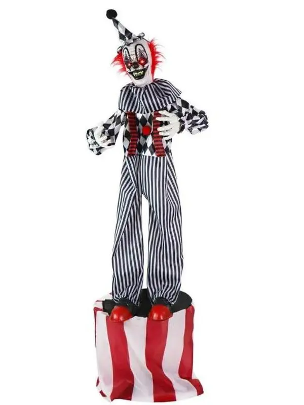 Haunted Hill Farm 6-Ft Talking Clown on Stage Halloween Animatronic Prop, Festive Home Decor with Movement, Light-Up Eyes, Battery Operation, Indoor/Covered Outdoor Use