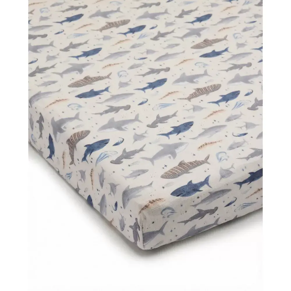 Loulou Lollipop Muslin Fitted Crib Sheet - Smiley Sharks
