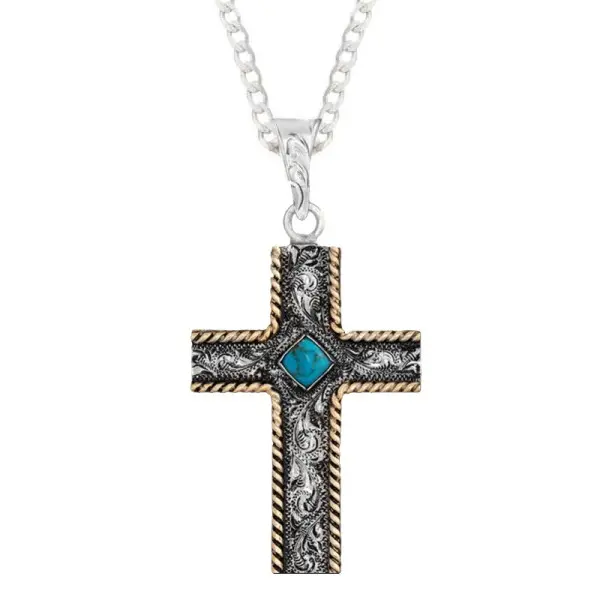 Multi Metal Turquoise Stone Cross Pendant | Western - Style Cross Pendant | Hand Crafted