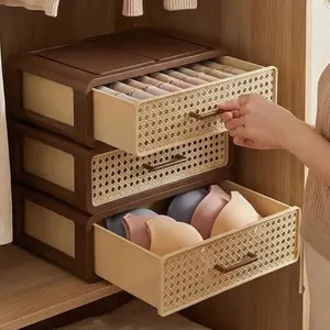 Vintage Woven Basket Stackable Drawer Organizer, Multi-Use Storage Box for Clothes and Daily Items, Retro Style Closet Space Divider