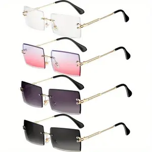 4-Pack Square Rimless Sunglasses, Frameless Rectangle Eyewear for Women and Men, Transparent Y2K Style Glasses