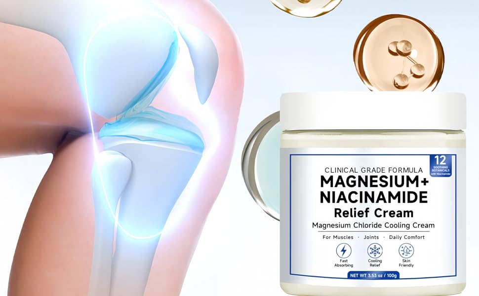 Magnesium Niacinamide Relief Cream - Magnesium Cream for Joints, Leg, Foot, 12 Ingredients for Relief, Fast Acting Cooling Formula, Lightweight, Non-greasy -1PC