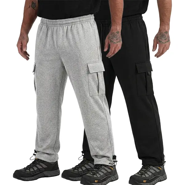 Men’s two-pack cargo sweatpants featuring an elastic drawstring waistband, multiple pockets on the sides, a wide-leg cut that can be cinched at the cuffs, suitable for outdoor workouts and everyday wear.