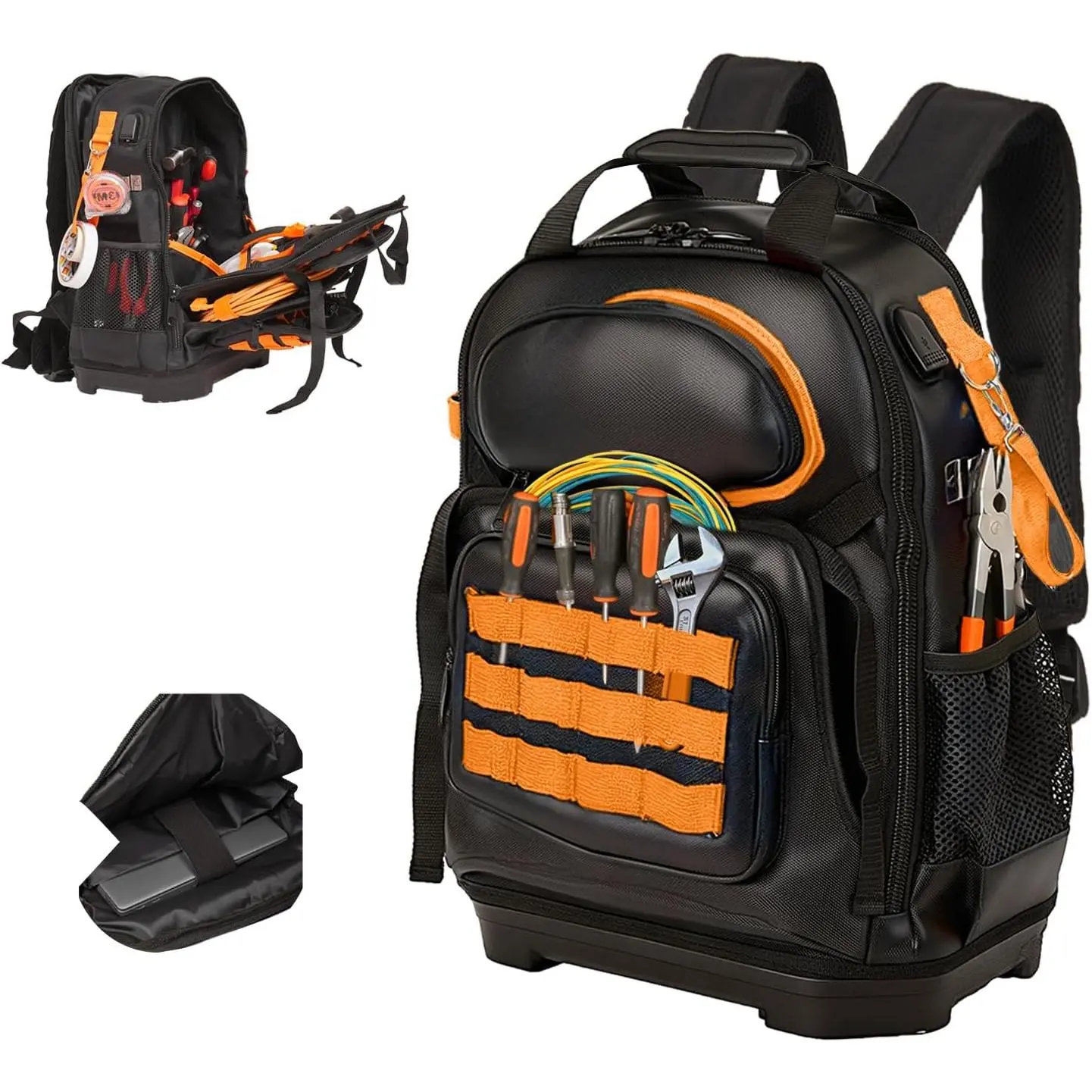 Tool Bag Backpack, Electrician Tool Backpack with Laptop Compartment,Hvac Tool Back Pack w/Waterproof Molded Hard Bottom, Work Hvac Tool Backpack for Men Mechanic Construction