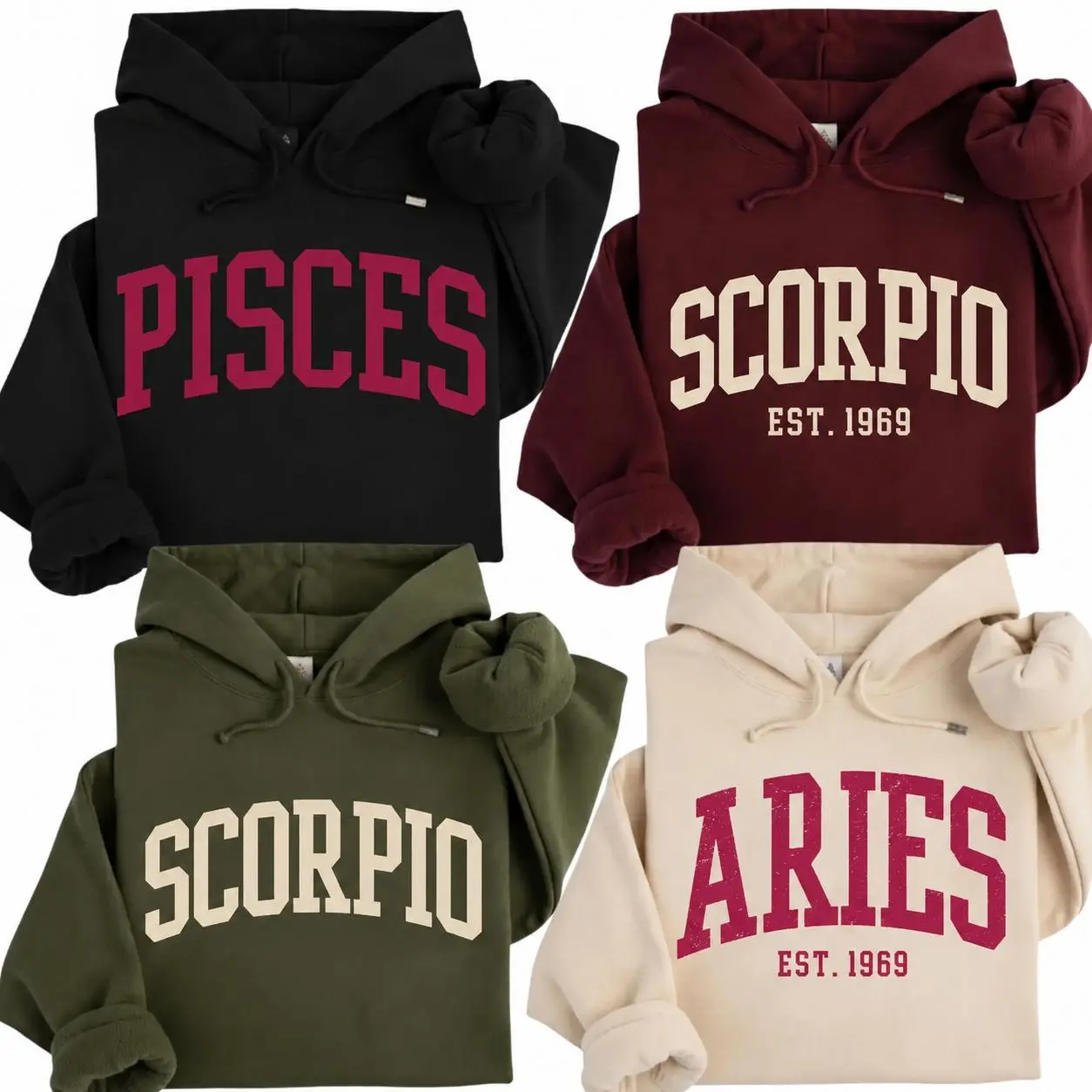 (Custom EST Year or No EST) Zodiac Hoodie, Pisces Scorpio Aries Sweatshirt, Vintage Astrology Graphic Pullover Hoodie, Unisex Star Sign Gift for Women Men, Trendy Streetwear, Birthday Gift - JACKSON HOAI STORE